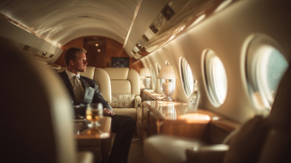 Mann sitzt in einem Privatjet mit gehobenem Luxus Interior Design